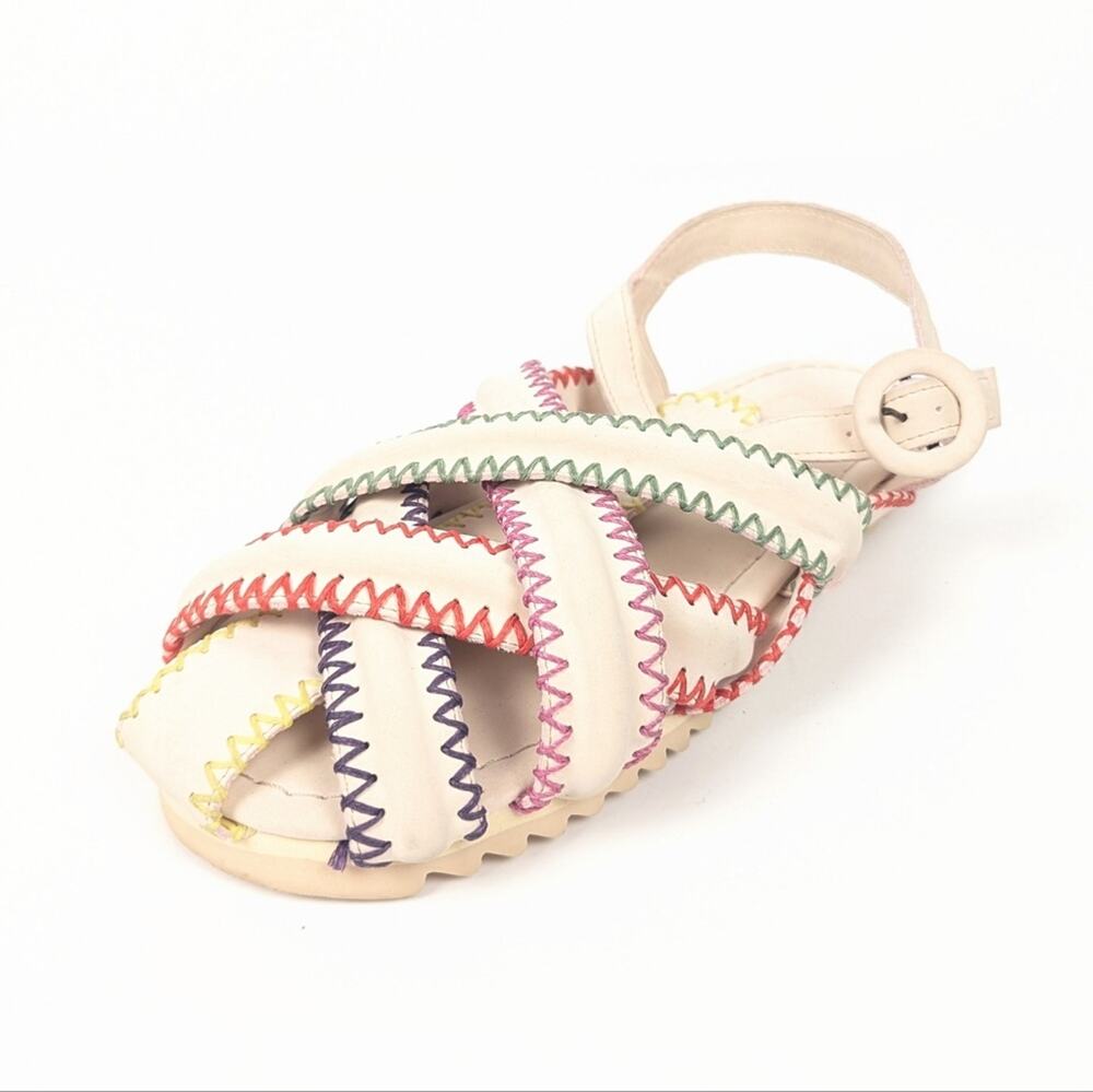 Farm Rio Sandals 7.5 Multicolor Zig Zag Strap Resort Casual Statement